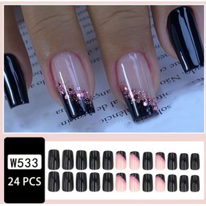 24 Stuks Glanzende Medium Vierkante Nepnagels, Zwarte Op Nagels Met Roze Glanzende Paillettenontwerp, Zoete Coole Kunstnagels Voor Dames Meisjes
