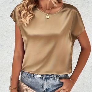 Elegante Zomer Nieuwe Aanwinst Lichtgewicht Eenvoudige Mode Kleur Ronde Hals Satijnen Vleermuismouwen Dames Top