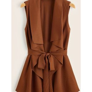 Vrouwen Casual Geplooide Mouwloze Vestjas met Verstelbare Tailleband - Lichtgewicht Bruine Kleur voor Lente Zomer Herfst, Machinewasbaar, Seizoenslaagjes, Vloeiende Silhouet, Stijlvol Ontwerp