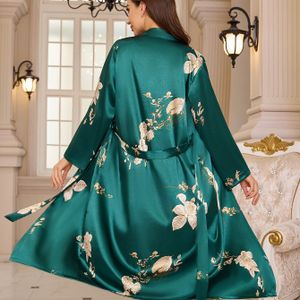 Elegante satijnen nachtjapon met bloemenprint, lange mouwen, lange japon met riem, loungewear en nachtkleding voor dames