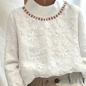 Voorjaars- en Herfstmode Nieuwe Kleur Geborduurde Hoge Kraag Lange Mouw Shirt voor Vrouwen