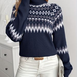 Dames Nordic Winter Trui - Retro Geometrische & Kraag Pullover, Lange Mouwen Knusse Trui voor Herfst/Winter, Casual & Formele Kleding (Handwasbaar, Staande Kraag) - Scandinavische Stijl Trui Jas