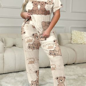 Elegante Teddy Bear Cartoon Print Pyjama Set Voor Dames Plus Size - Comfortabel Ronde Hals, Korte Mouw, Lange Broek Loungewear Voor Lente/Zomer/Herfst, Plus Size Pyjama Sets