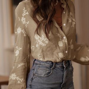 Vrouwen Casual Elegante Rayon Geborduurde Bloemen Knoopsluiting Lange Mouw Shirt + Nian Nian