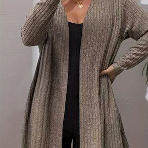 Plus Size - Stretch Cardigan voor dames - Elegant geribd open front langarmjas, comfortabele knielange casual jas voor lente & herfst, zwart, ontspannen pasvorm, medium elastisch materiaal