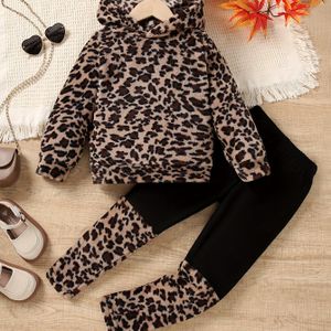 Herfst/Winter Luipaardprint T-Shirt Hoodie Lange Mouwen + Contrastkleur Broek Tweedelige Set Warm Casual Comfortabel, Perfect voor Buiten