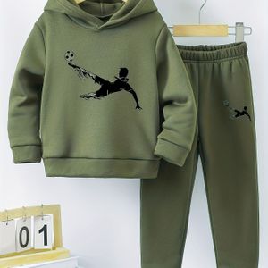 Jongens Casual Voetbal Print Hoodie & Joggingbroek Set - Knus Fleece Gevoerde Lange Mouw Pullover met Voetbal Design, Regular Fit, Perfect voor Buitenactiviteiten