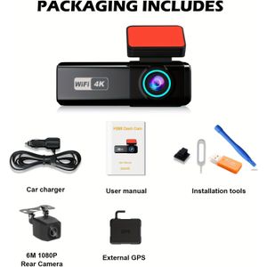 4K Ultra HD Autocamera, 4K Voorcamera + 1080P Achtercamera Dual Camera met WiFi-functie en App Bediening, Ondersteunt Loop Recording Lock Super Nachtzicht 64G SD Kaart