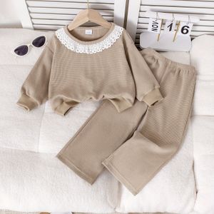 Kanten Rand Crew Neck Sweatshirt & Rechte Pijpen Broek Set | Elegante Losse Pasvorm, Lange Mouwen, Alle Seizoenen, Details, Medium Stretch Stof, voor Buiten