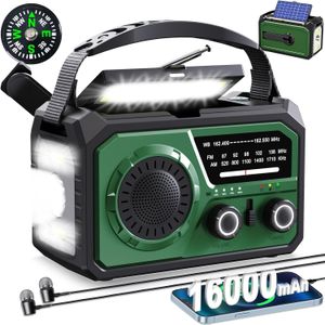 16000mAh Handmatige Noodweerradio met Draadloze Speaker, IPX 4 Hoge Kwaliteit, NOAA AM FM Zonne-radio met Zaklamp, Telefoonoplader, Leeslamp, en SOS voor Kamperen en Overleven