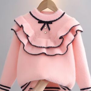Meisjes Pluche Trui - Elegante Koreaanse Stijl Dubbellaagse Kant & Kraag, Dikke Warme Wintertrui met Groene Strik Accent, Gebreid, Lange Mouw Pullover voor Kinderen (Handwasbaar)