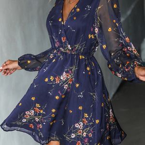 Plus Size - Dames Chiffon Jurk Met Bloemenprint - V-hals, Lange Mouwen, Geknoopte Taille, Fluwelen Rok, Perfect Voor Lente/Zomer, Casual Kleding|Bloemenprint Jurk|Chiffon Stof