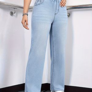 Vrouwen Elegante Stretch Spijkerbroek met Rechte Pijpen en Trekkoord Taille - Lichtblauw, voor Alle Seizoenen, Casual Stijl, Comfortabele Mode | Rechte Broeken | Middelmatig Rekbaar Stof