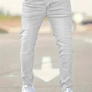 Herenslim-fit Stretch Denim Jeans - Casual Gewassen Lichtgrijs met Zakken, Comfortabel & Veelzijdig voor Casual Kleding, Comfortabele Kleding | Slim Fit Jeans | Medium Stretch Stof