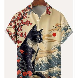 Korte mouw overhemd in Japanse vintage stijl met kat en kersenbloesemprint, 100% polyester, plus size