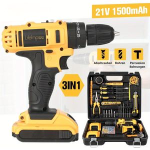 3 In 1 Multifunctional 21v Cordless Hammer Drill, 45 Nm, 25+3 Torque Levels, 2 X 1500mah Rechargeable Battery, Electric Drill Set, 104pcs Accessories, Led Work Light For Home And Garden Kit