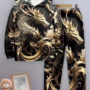 Jongens 3D Print Hoodie & Joggers Set - Casual, Comfortabele Polyester Outfit voor Lente/Herfst, Perfect voor Buiten