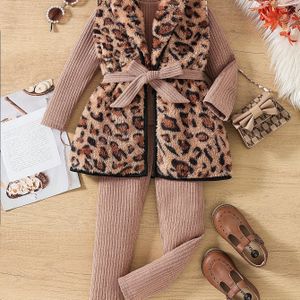 Herfst en Winter Meisjesmode Nieuw Retro Luipaardprint Fleece Revers Vest + Leuke Kleine Opstaande Kraag Top + Veelzijdige Bijpassende Lange Broek +, voor Buiten