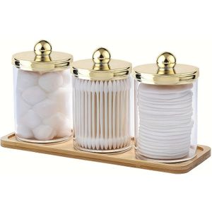 3- Plastic Apotheekpotten met Deksels, 10 Oz Wattenschijf/Bal/Pad Organizer, Doorzichtige Badkamer Set met , Gouden voor Opslag