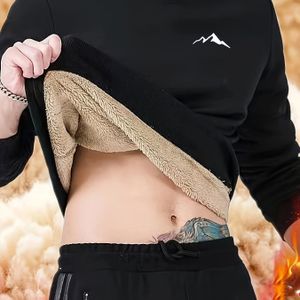 Herensweater met Fleecevoering voor Herfst/Winter - Warm, Gezellig met Ronde Hals en Eenvoudige Bergprint, Polyester, Machinewasbaar