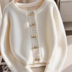 Dames Chic Witte Cardigan Trui - Elegante Ronde Hals met Decoratieve Knopen, Gladde Stof voor Herfst/Winter Mode, Casual Maar Sophistiek Stijl