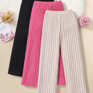 3-Pack Meisjes Fashion Knit Wijde Pijpen Broek, Polyester Stretch Stof, Kleur, Sport Stijl, Losse Pasvorm voor Lente/Herfst - Zwart, Roze, , voor Buiten
