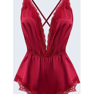 Dames Elegante Kleur Satijn & Kant Diepe V-Hals Kruisband Halter Bodysuit Pyjama - Mouwloos Eendelig Slaapkleding, Losse Pasvorm All-Seizoen Comfortabele Nachtjapon