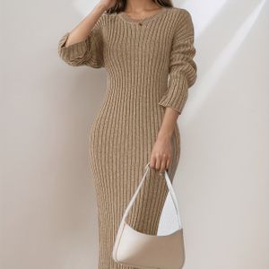 Elegante lange mouw maxi jurk - Slim fit, ronde hals, kleur met strepen, perfect voor herfst/winter, kantoor of date nacht, polyester stof, machinewasbaar, schattige jurk