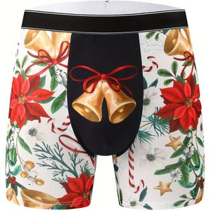 1 paar Heren Boxershorts - Feestelijke Bel & Kerstster Print, Ademend Stretchmateriaal, Ultradun voor Hardlopen Gym Fitness, Vakantiecadeau