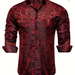 Elegante lange mouw paisley overhemd voor heren, perfect voor bruiloften en bal, met een gouden kraagpin.