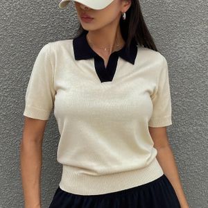 Groene polo shirt voor dames met zwarte kraag - Korte mouw, geribde textuur, casual stijl, perfect voor lente/zomer/herfst, casual dracht|Geribde top|Comfortabele pasvorm