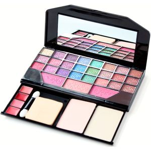 33-Kleuren Multifunctionele Make-up Kit Oogschaduwpalet met 27 Schaduwtinten, 2 Foundations en 4 Lip Mud – Reisdoosje voor Dagelijkse Touch-Ups, Past in de Tas