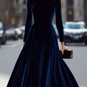 Luxe Marineblauwe Jurk | Ronde Hals Lange Mouw Halflange Cinched Waist Uitlopende Rok voor Herfst/Winter | Elegante Veelzijdige Avond- en Woonkleding