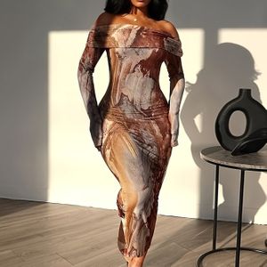 Elegante langerme bodycon jurk met uitstekende schouders - Marmeren print, stretchy polyestermix, pasvormige zomermode voor dames, elegante evenementenkleding | Marmeren printjurk | Stretchy stof