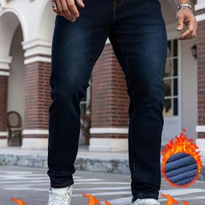 Heren Herfst/Winter Klassieke Fleece-Gevoerde Stretch Slim-Fit Reguliere Broek, Donkerblauw