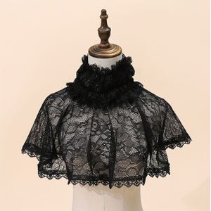 Elegante Zwarte Kant Cape Met Striklint, Holle-Out Bloemenpatroon Pullover Shawl, Ruffle Trim, Stijlvolle Veelzijdige Nek Fake Kraag Voor Vrouwen