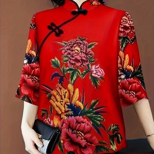 Elegante rode bloemenprint mouwloze top met mandarijnkraag en strik - Zomerse casual kleding voor vrouwen, casual top|bloemenprint top|elastische stof