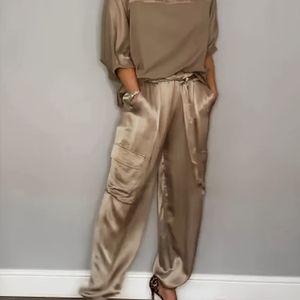 Dames Color Block Shirt met Ronde Hals en Broek met Strikband - Casual Huispak, Kleur, Lange Mouwen, Regular Fit, Herfst/Winter Collectie, Casual Kleding