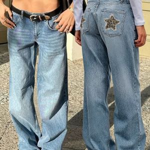 Dames Hoge Taille Spijkerbroek met Sterren - Lichtblauw, Casual Wijde Pijpen met Knoopsluiting, Perfect voor Lente & Zomer, Hoge Taille Jeans