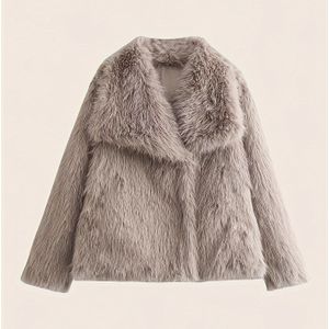 Vrouwen Elegante Nepbontjas - Pluche Korte Winterjas met Reverskraag, Fluffy Puffer Design & Voorzakken, Machinewasbaar Buitenkleding voor Herfst en Winter, Zachte Textuur Dameswinterjassen