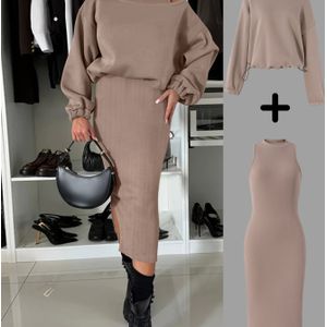 Nieuwe casual herfst- en winterjurkenset die comfortabel en flatterend is, met een mouwloos ronde halsontwerp, inclusief één jumpsuit en één trui.