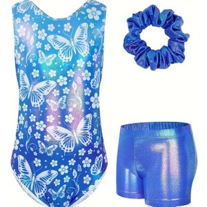 Gymnastiek Bodypak voor Meisjes met Lange Mouwen, Shorts en Haarelastiek, 3- Set met Vlinderpatroon, Afslankend en Comfortabel van Zachte Stof