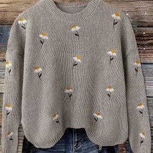Vrouwen Casual Geborduurde Bloemen Trui - Herfst Winter Lange Mouw Pullover met Drop Shoulder, Ronde Hals & Medium Stretch, Wasmachinebestendig Regular Fit voor Casual Kleding, Mediumstretch Stof