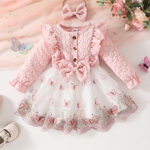 Elle's Lavendel Bloemenkanten Jurk met Mouwen & Wijd Uitlopende Rok - Lange Mouw Ronde Hals Casual Outfit voor Lente/Herfst, Alleen Handwas