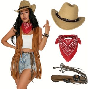 3-delige Denim Pak (Hoed + Sjaal + Riem) Dames Western Cowboypak, Feestpak voor Vrouwen