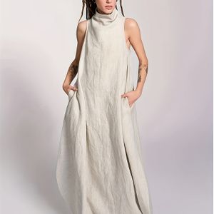 2519 Elegante Kleur Hoge Nek Jurk Met Zakken - Mouwloze, Vloeiende, Beige Maxi Jurk Voor Dames, Casual Kleding, Casual Kleding|Mouwloze Jurk|Jurk Met Zakken