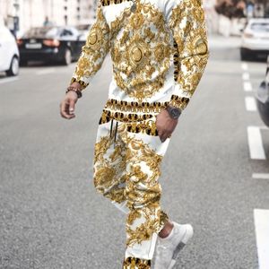 Luxe Gouden Barok Print Lange Mouw T-Shirt en Broek Set, Casual Lente/Herfst Polyester , Volledige Print, Ronde Hals, Regular Fit