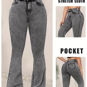 Dames Hoge Taille Stretch Denim Uitlopende Jeans - Lichtgrijs, Casual Klokbroeken met Zakken, Comfortabel voor Alle Seizoenen, Hoge Taille Jeans
