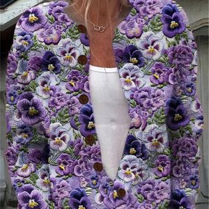 Elegante 3D Bloemenprint Jas Voor Dames, 100% Polyester Gebreide Stof, Lichte Stretch, Overal , Knoopdetail, Herfst/winter Bovenkleding