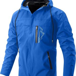 1 stuk Heren Lichtgewicht Capuchonjas met Rits en Bergletter Grafiek, Marineblauwe Casual Buitenshoudwindjack voor Lente/Herfst Wandelen & Stadsdracht, Pasvorm, Duurzame Buitenkleding
